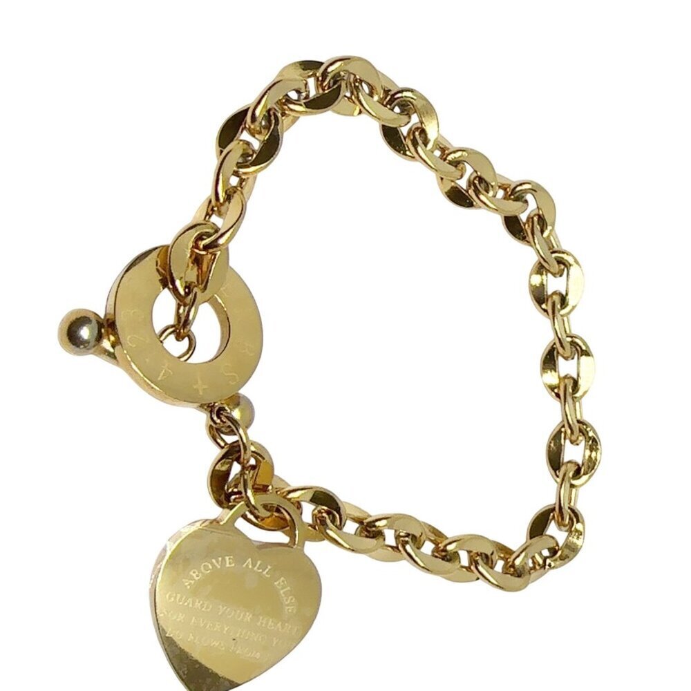 18K Gold Plated Stainless Steel Chain Bracelet With Heart Charm "Above All Else" - Picture 2 of 7